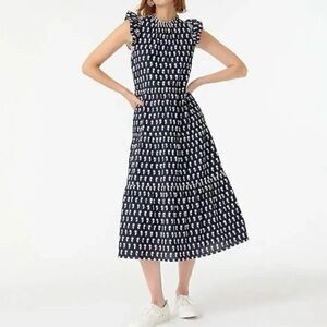 J. Crew Floral Tiered Cotton Voile Midi Dress Floating Sunflowers Blue White XS